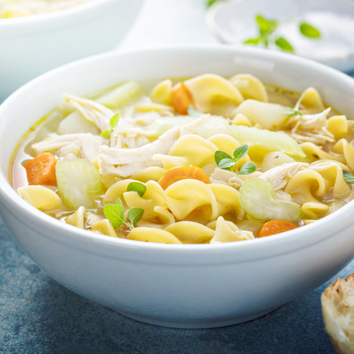 Homemade chicken noodle soup with shredded chicken, vegetables, and egg noodles