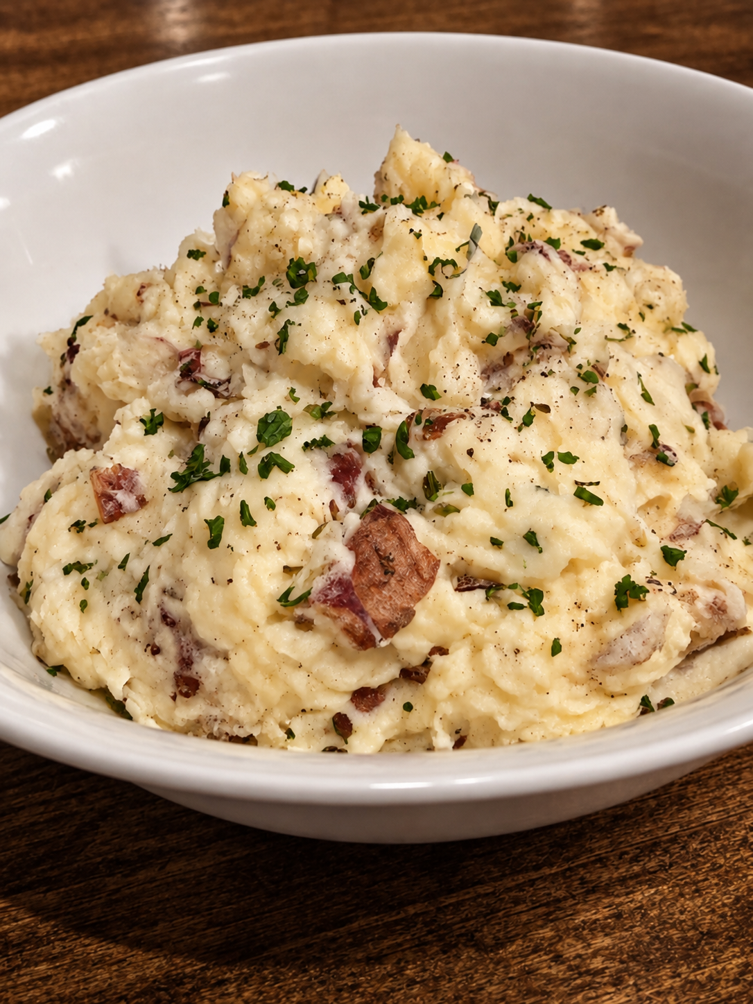 Creamy skin-on mashed potatoes with butter and milk